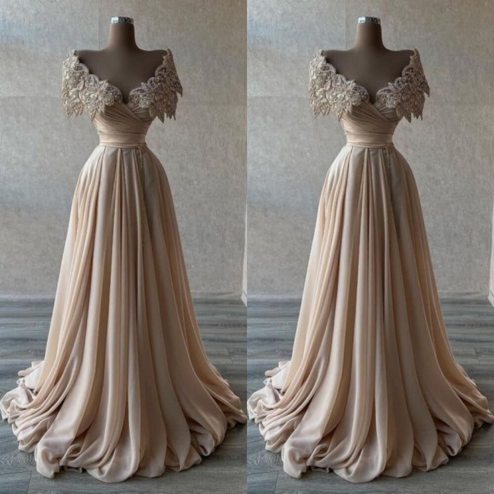 Champagne Evening Dresses Off The Shoulder A Line Elegant Party Prom Gowns