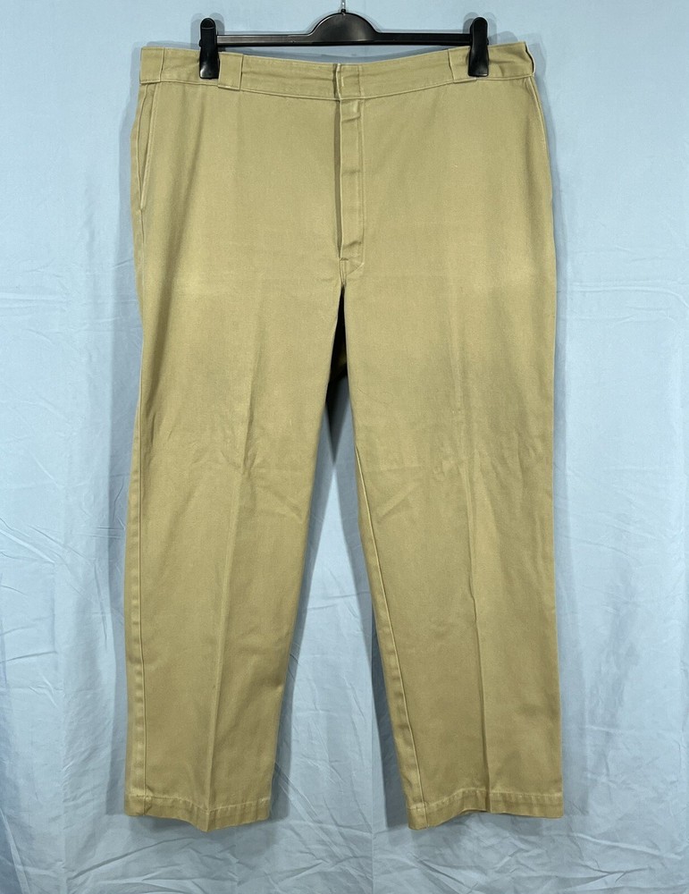 DICKIES Khaki Straight Leg Wrinkle-Resistant Work Pants Size 42 Flat Front