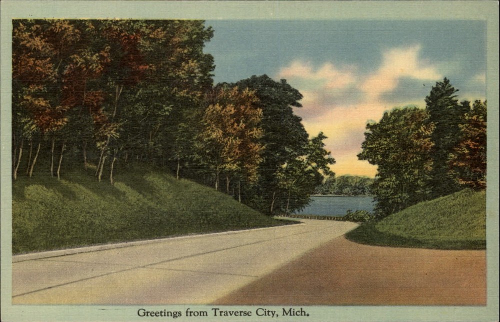 Michigan Traverse City Greetings from roadway scene ~ 1930s linen sku091