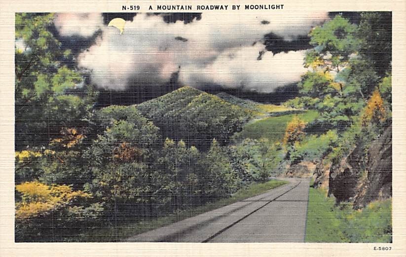 Postcard NC: Mountain Roadway by Moonlight, North Carolina, Vintage Linen