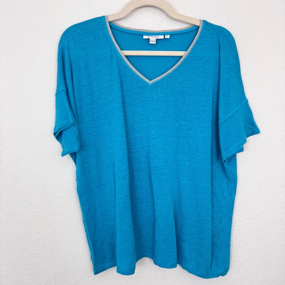 Chico's Womens V Neck T Shirt Top Size L Linen Casual Summer Beachy Blue