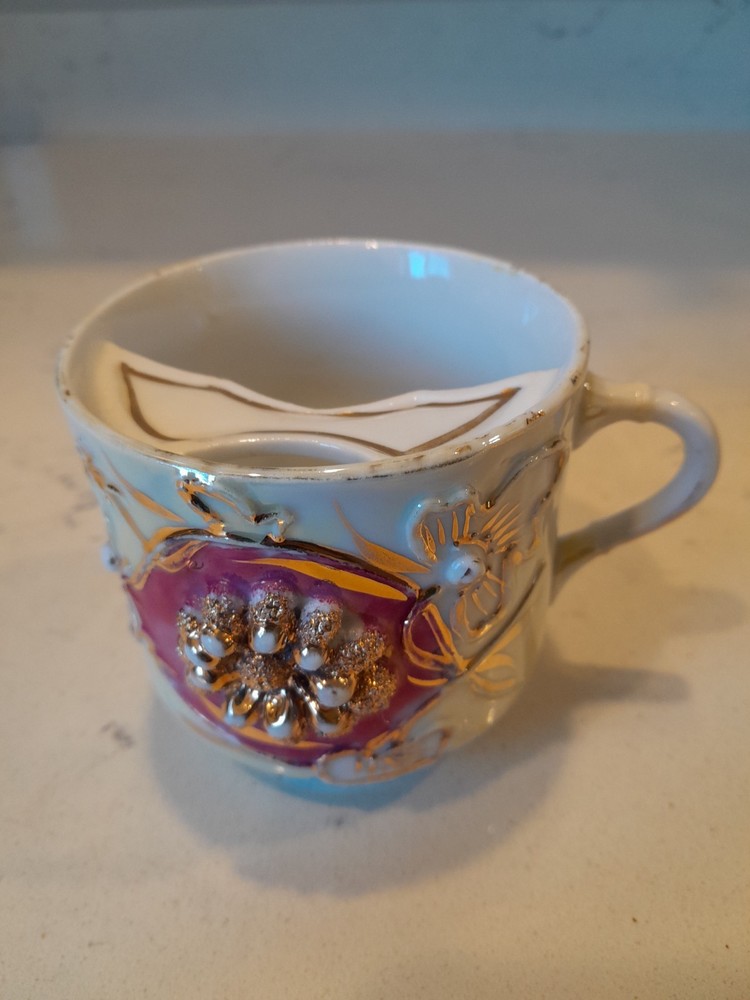 Antique Victorian German Porcelain Mustache Cup Pink Floral Embossed Right Hand