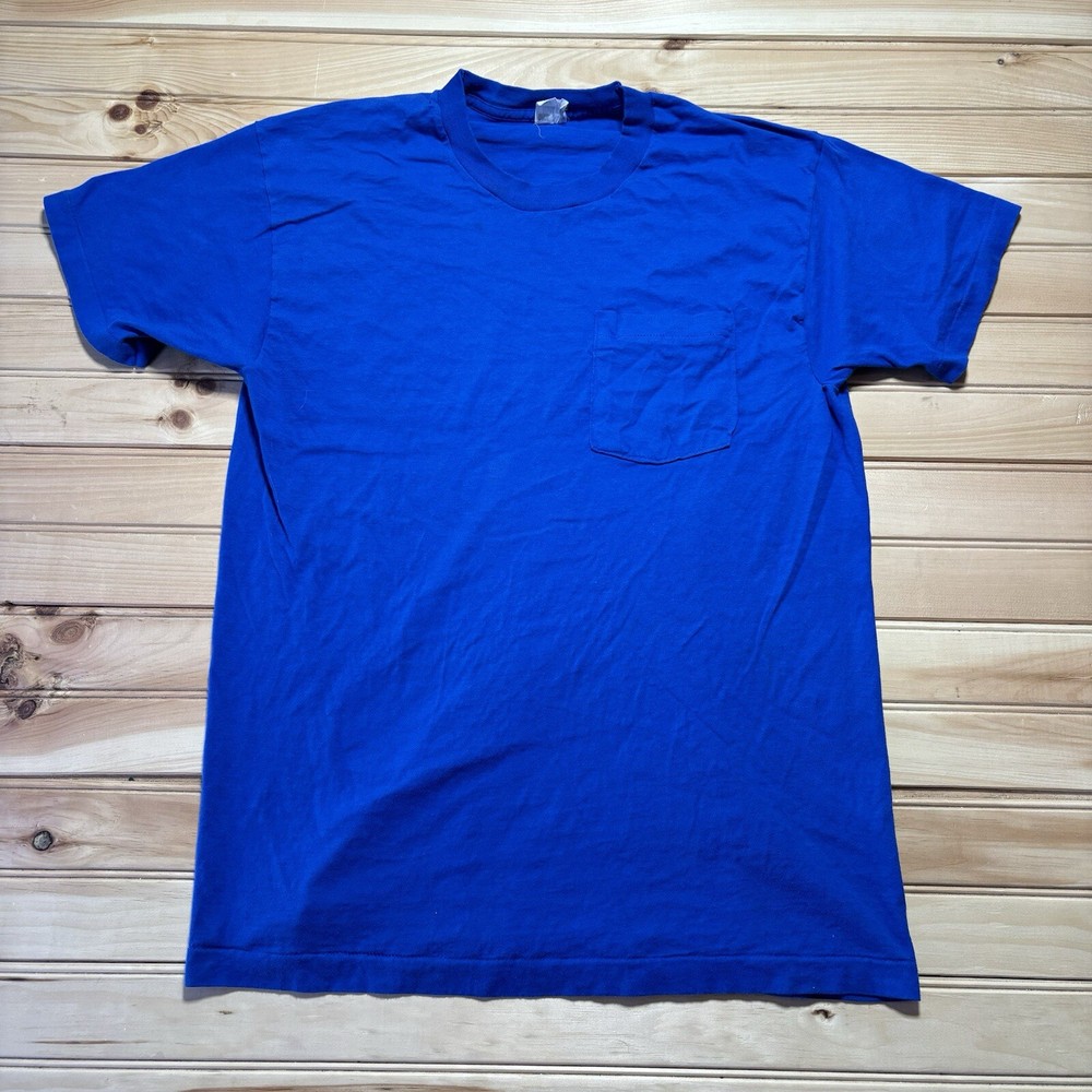 Vintage 80s Fruit of the Loom Royal Blue Pocket T Single Stitch Blank Shirt - XL