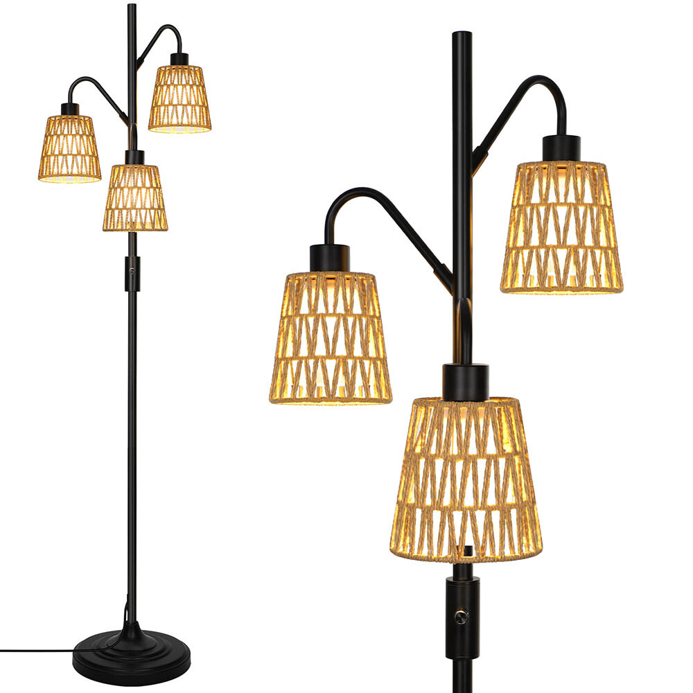 Boho Dimmable Rattan Floor Lamp with 3 LED Shades for Farmhouse Living Room