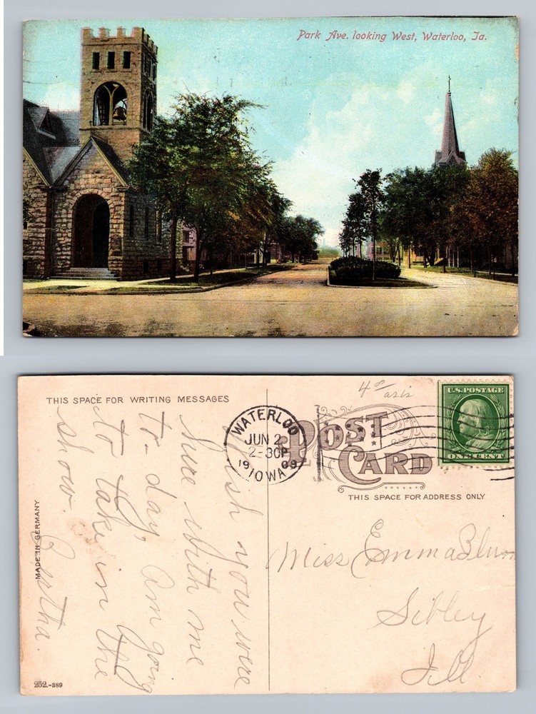 Waterloo IA-Iowa Park Avenue Looking West Church Steeples Vintage c1909 Postcard