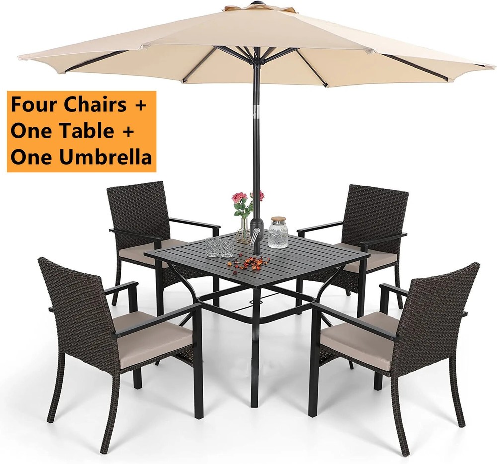 9ft Patio Umbrella with Rattan Chairs and Rectangular Table Outdoor Dining Set
