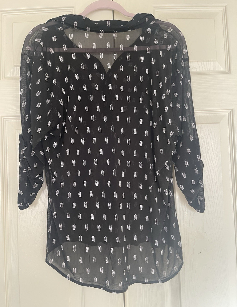 Bailey + Chloe Geometric Chiffon Sheer Button V-Neck Blouse Black White L