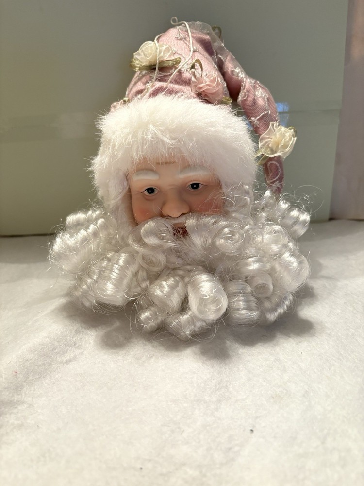 White Santa Head Ornament Full Curly White Beard White Felt Hat 9