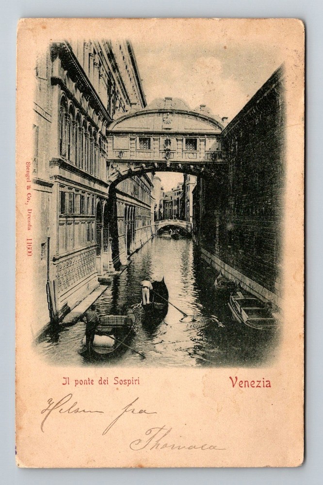 Italy- Venice Bridge Of Sighs Canal Gondolas Souvenir Old Vintage c1900 Postcard
