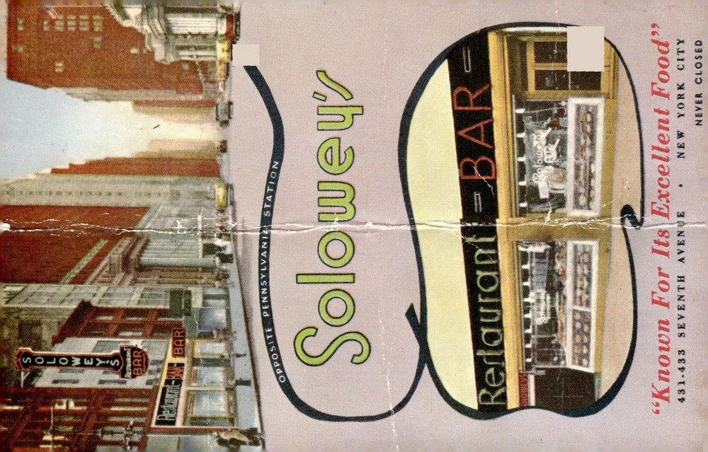 1940s Solowey's Restaurant Bar New York City NY Mid Century Linen Postcard