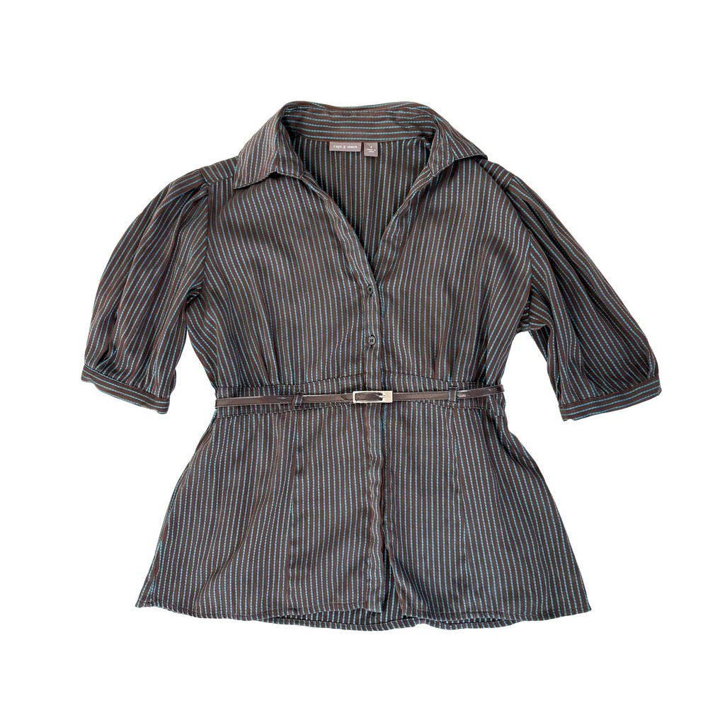 Y2K Apt 9 Babydoll Button Up Top Women S Brown Metallic Blue Pinstripe Belt Top