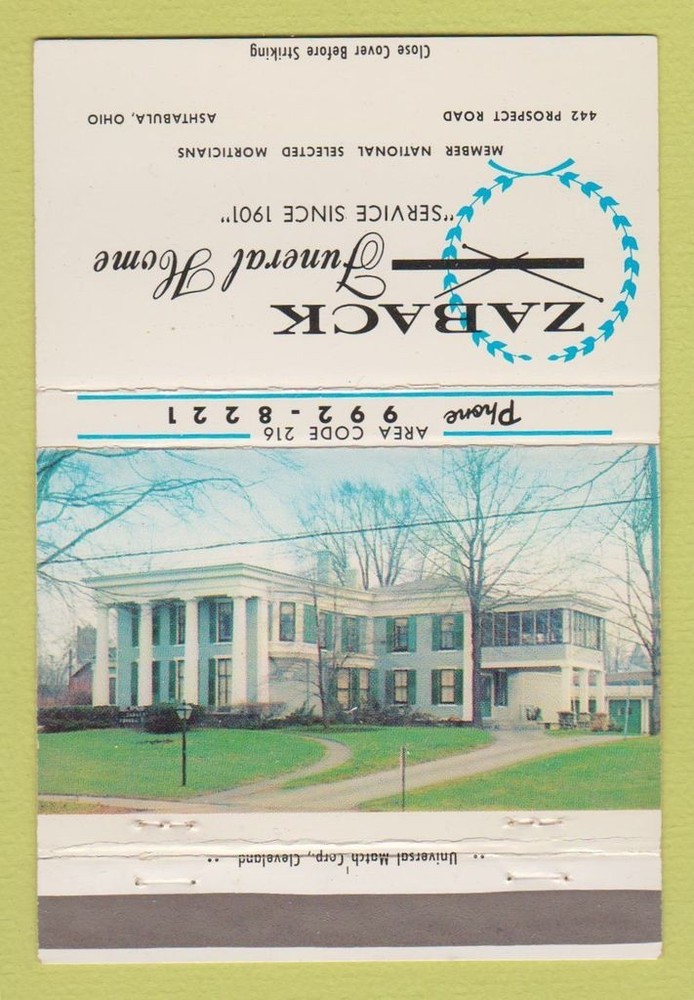Matchbook Cover - Zaback Funeral Home Ashtabula OH 40 Strike