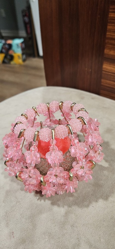Vintage Handmade Pink Bead & Safety Pin Fairy Lamp Candle Holder. 5 X 4