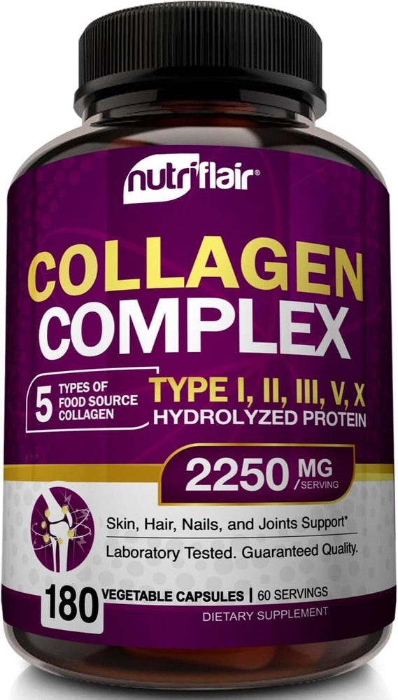 Multi Collagen Peptides Pills 2250MG, 180 Capsules - Type I, II, III, V, X