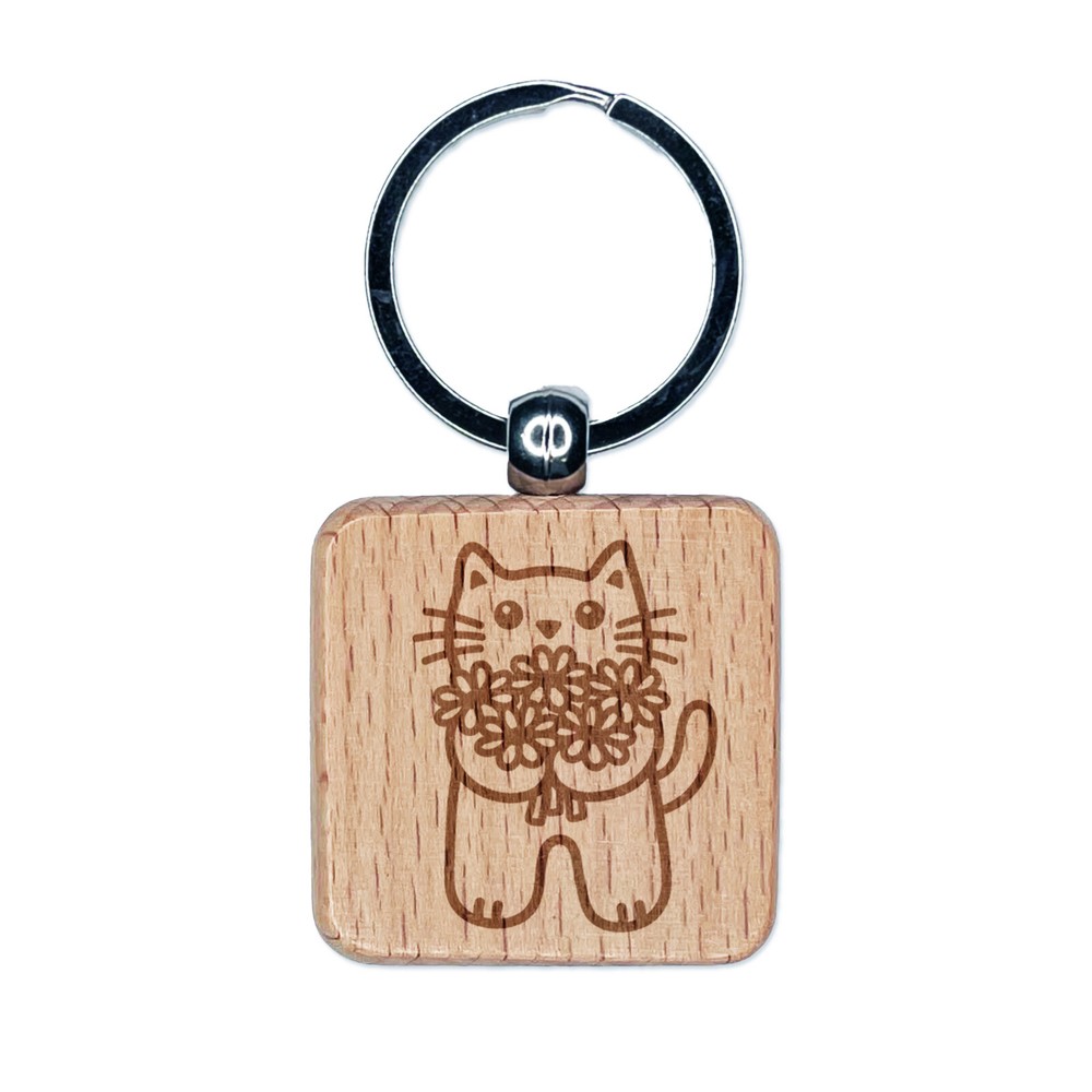 Llavero cuadrado de madera grabada con flores para gato con etiqueta