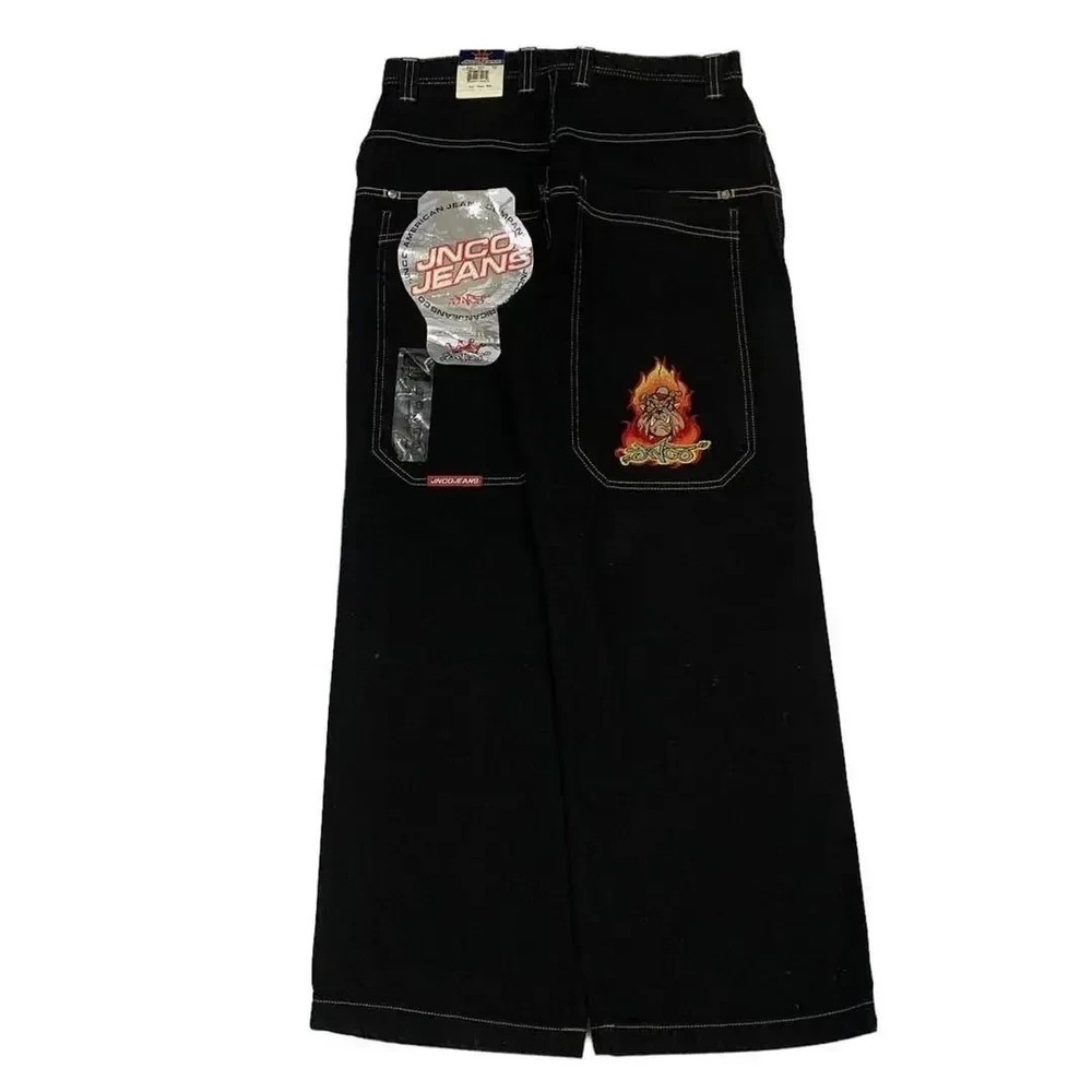Flame Graphic Baggy Jeans Men Black Y2K Streetwear Wide Leg Denim size L
