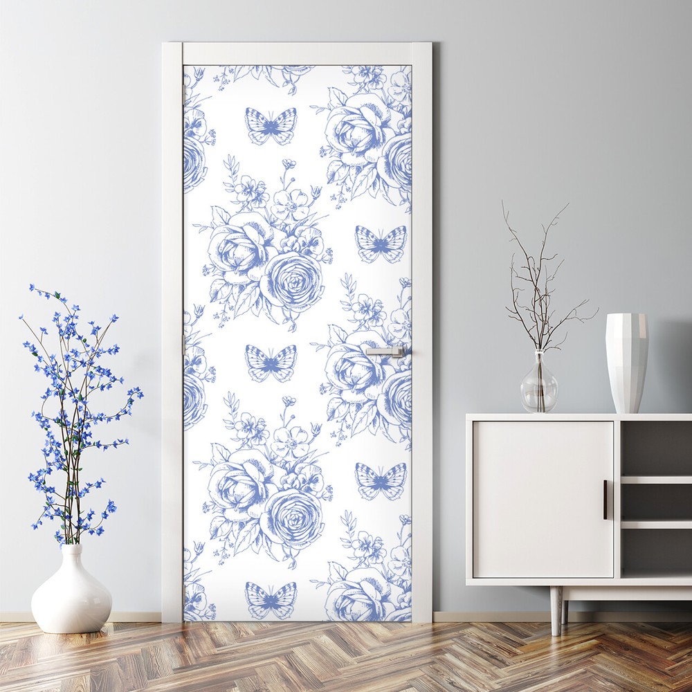 Floral motives and butterflies self-adhesive blue and white Door Decal photo