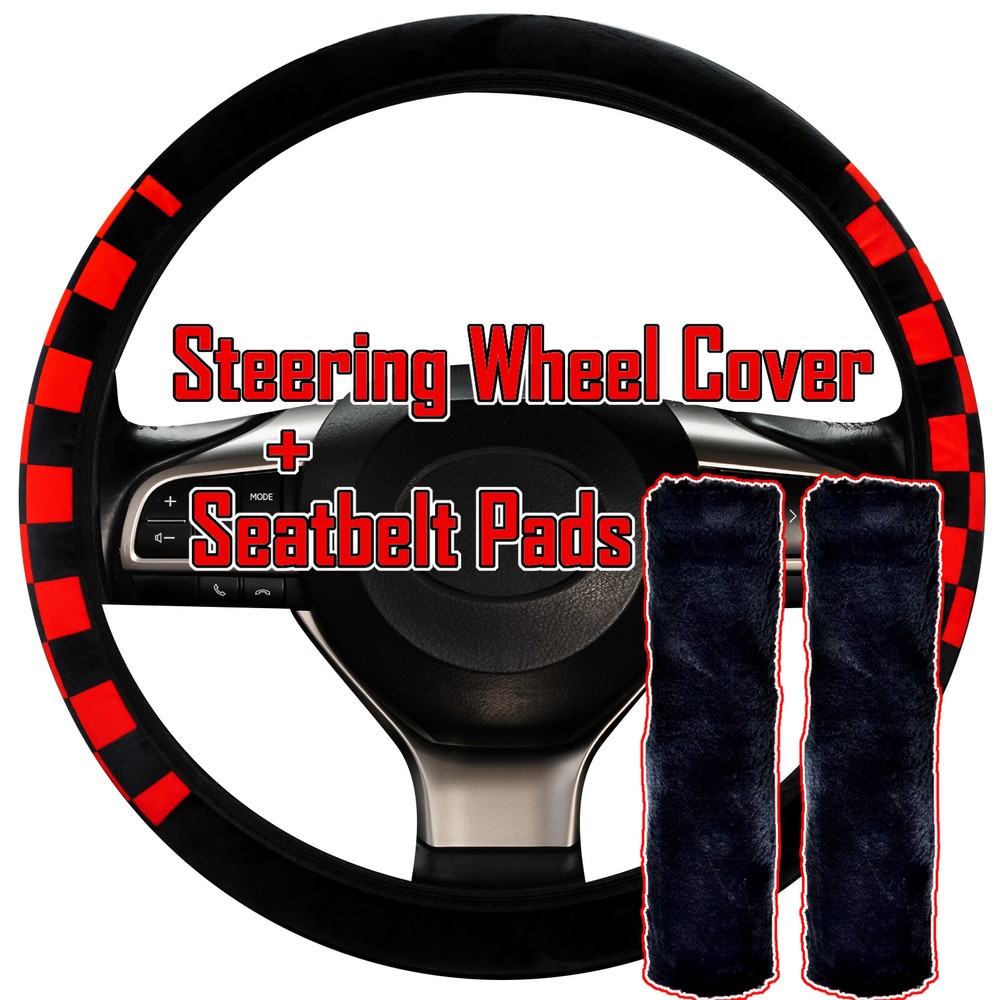 3Pc_Universal Sport Plush Fur Racing Flag Steering Wheel Cover Car Seat Belt Pad