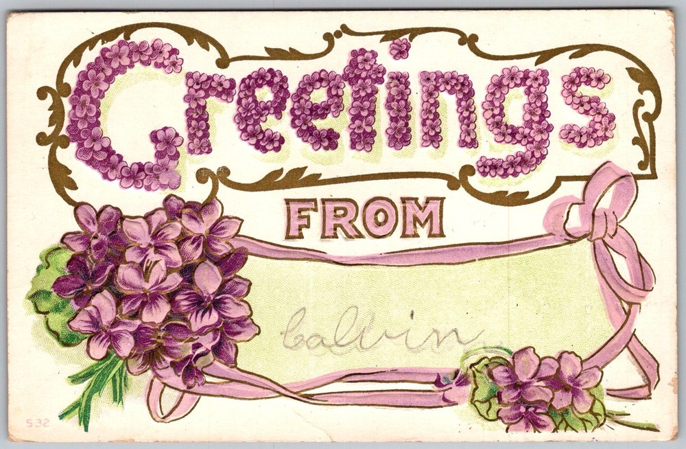Antique Postcard Embossed Violets Greeting 1910s