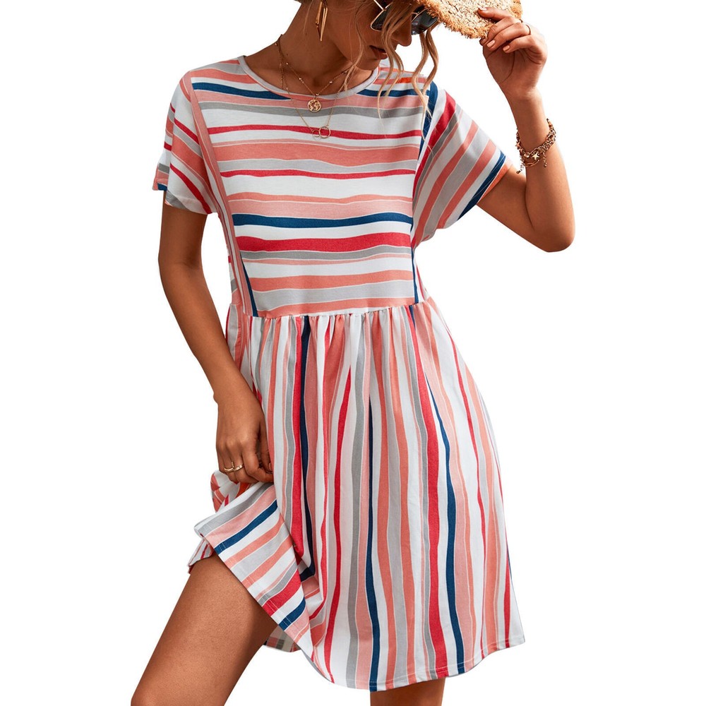 Women Short Sleeve Dress Stripe Printed Round Neck Casual Style Loose Dress