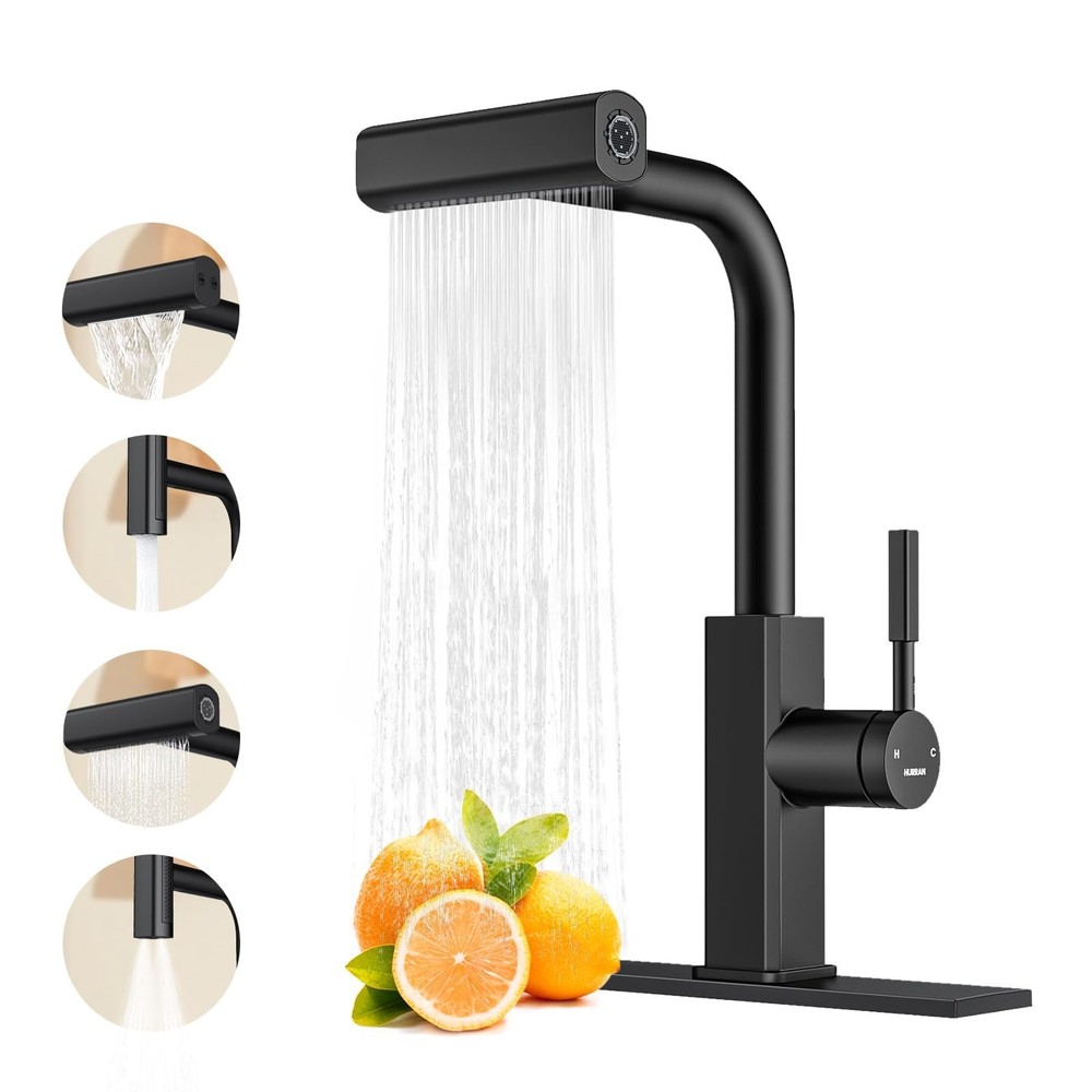 Stainless Steel Waterfall Kitchen Faucet with Pull Down Sprayer