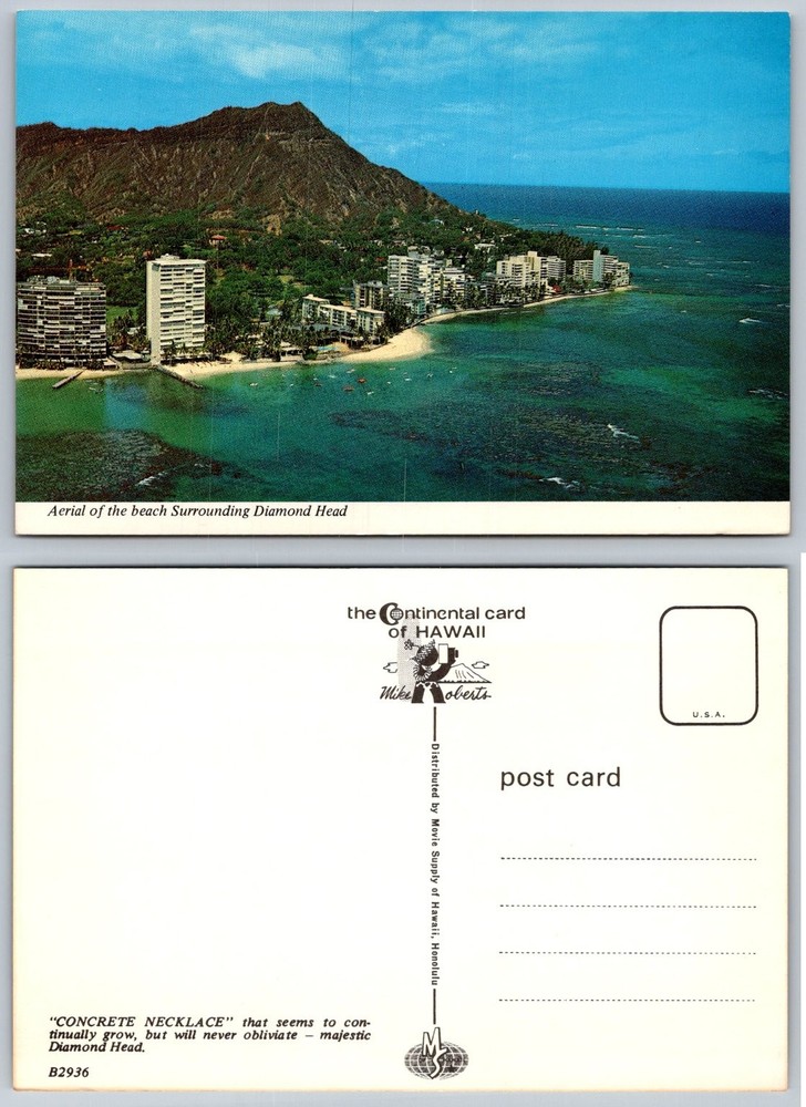 Vintage Hawaii Postcard Diamond Head Waikiki Beach Aerial View Mike Roberts