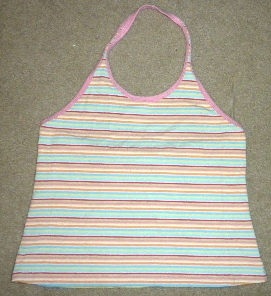 Girls L 12 Lands End Pink Striped Halter Top cotton spandex knit Green Orange Nw