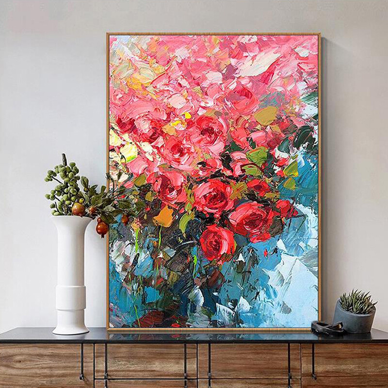 Wall Art Oil Painting Romantic Red Rose Hand-Painted On Canvas Abstract Artwork