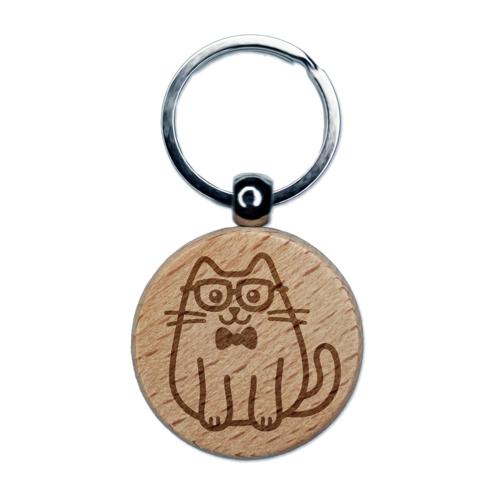 Engraved Wood Keychain with Smart Cat in Glasses and Bowtie
