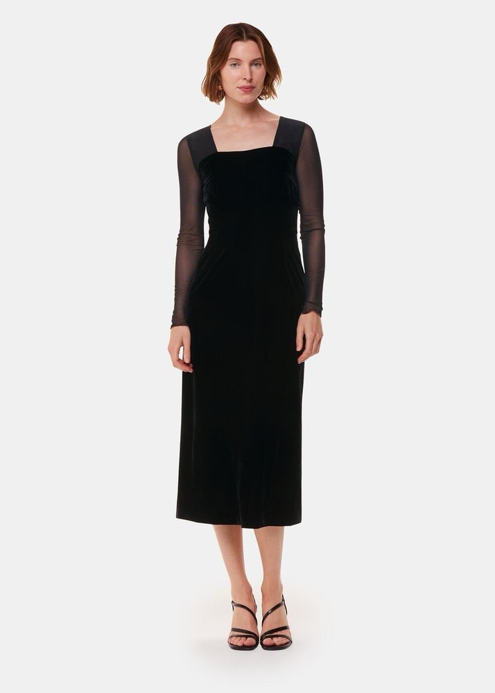 Whistles Luxurious Velvet Black Mesh Sleeve Midi Dress Size 10 RRP £159