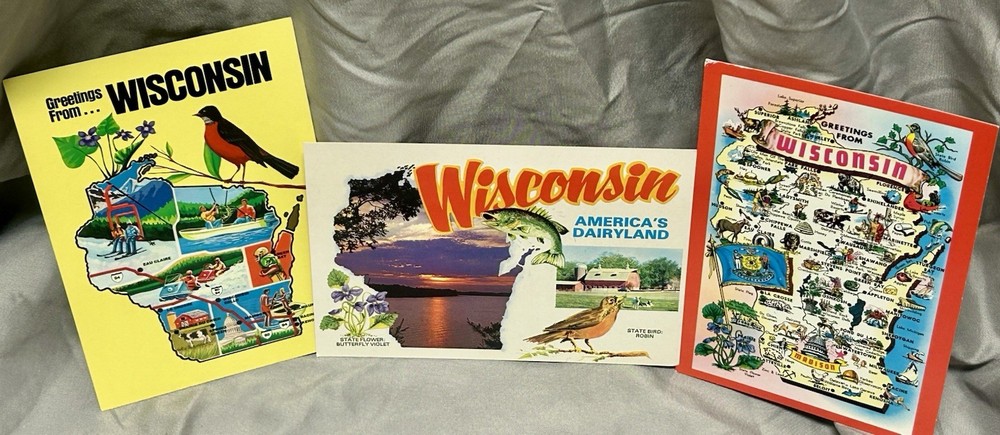 Lot Of Three Unused Vintage Wisconsin Postcards/ Green Bay/ State Bird/