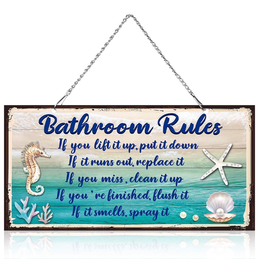 Seashell Bathroom Rules Decor Signs Wall Ocean Theme Beach Seashell Starfish ...