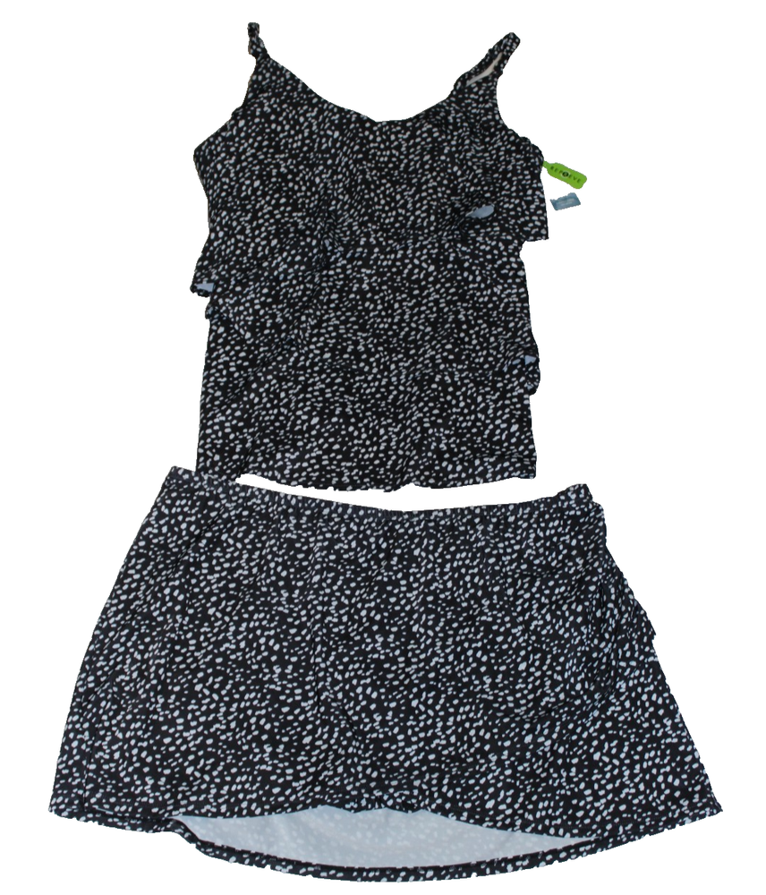 NWT Swim by Cacique Women's Tankini and Swim Skirt Set Size 22 Black White Spots