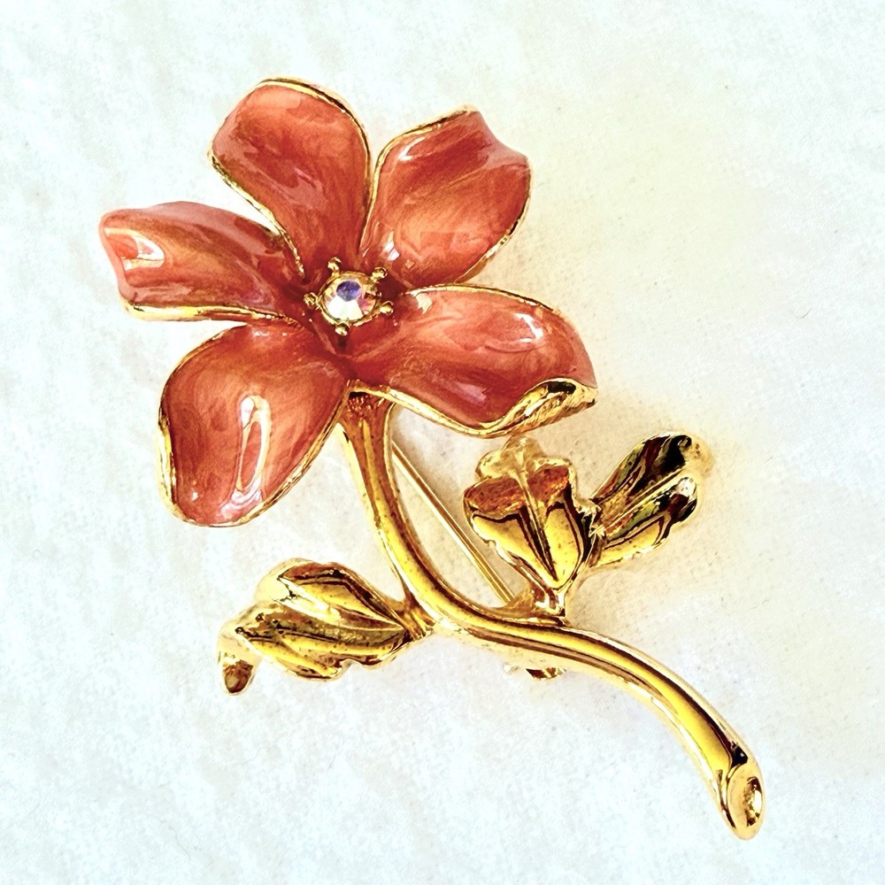 Vintage Joan Rivers Enamel Flower Rhinestone Brooch Pin Gold Tone Coral J