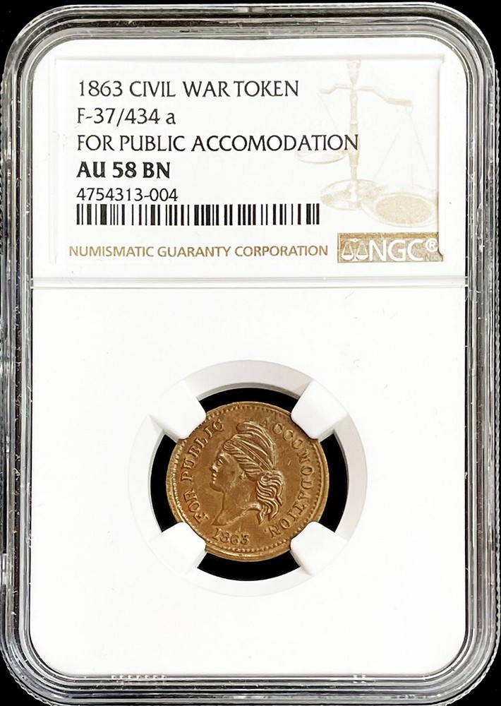 1863 Civil War For Public Accommodation Token Ngc Au 58 Brown F 37/434A-image