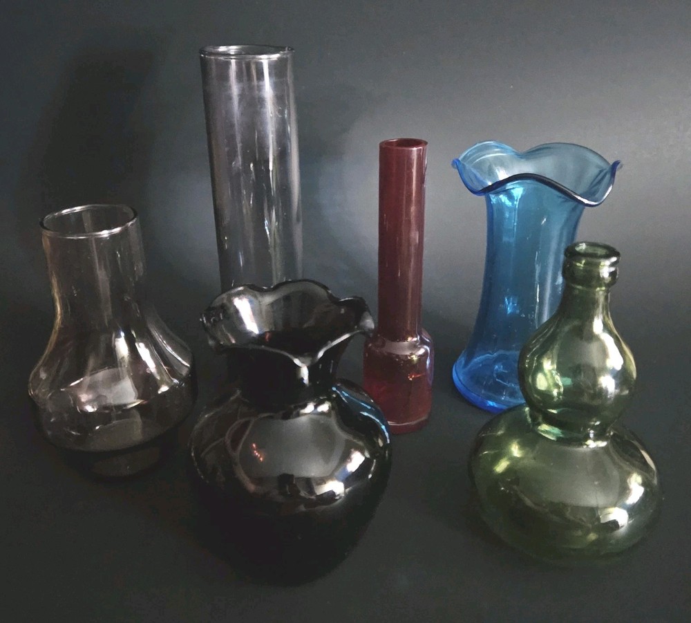 Art Glass Vase Lot 5 Hand Blown Multi Color (I) Pressed Glass 6 Total Vintage