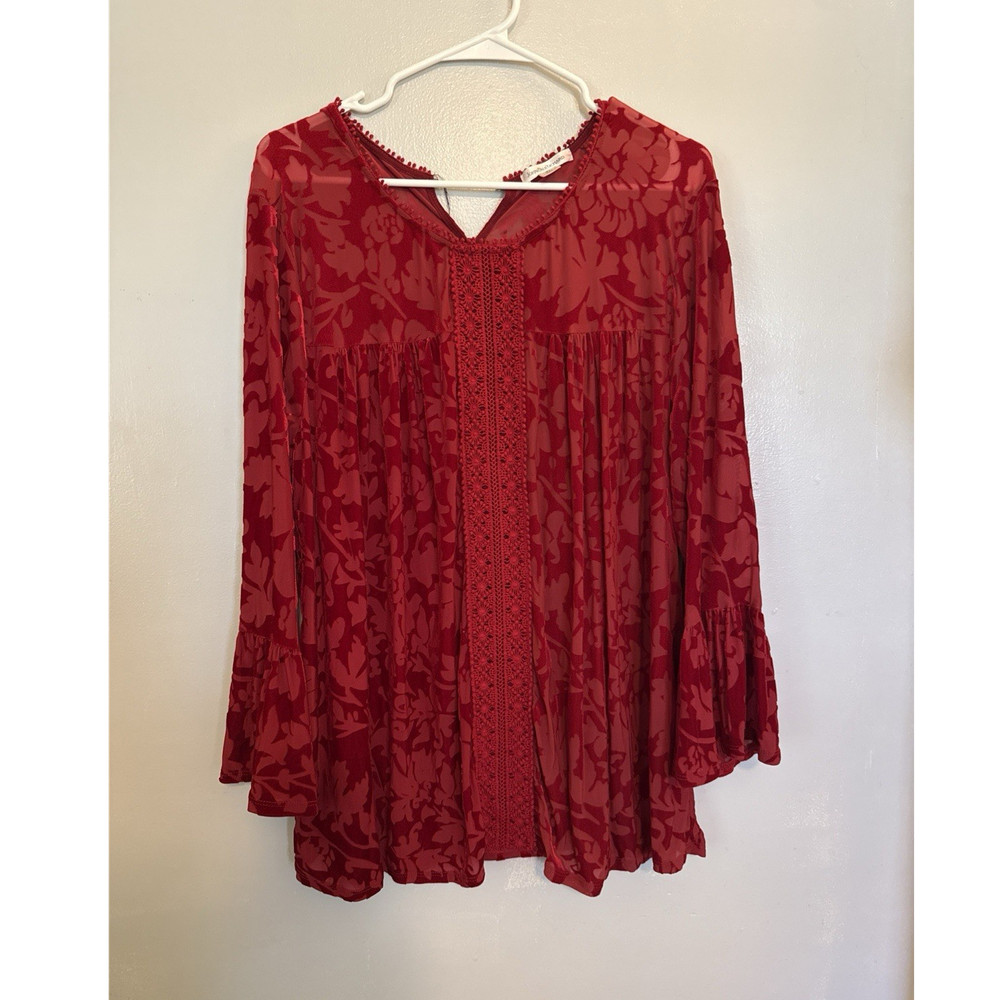 John Paul Richard Red Floral XL Tunic Blouse V Neck Bell Sleeve Pleated