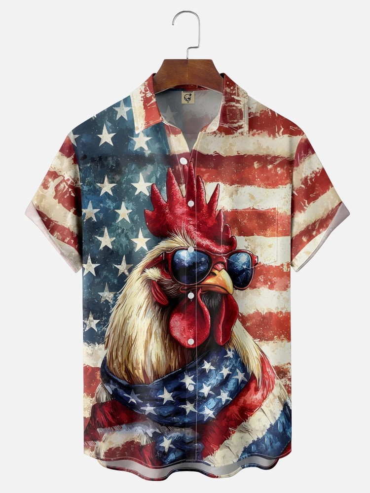 American Flag Chicken Chest Pocket National Patriotic Shirt