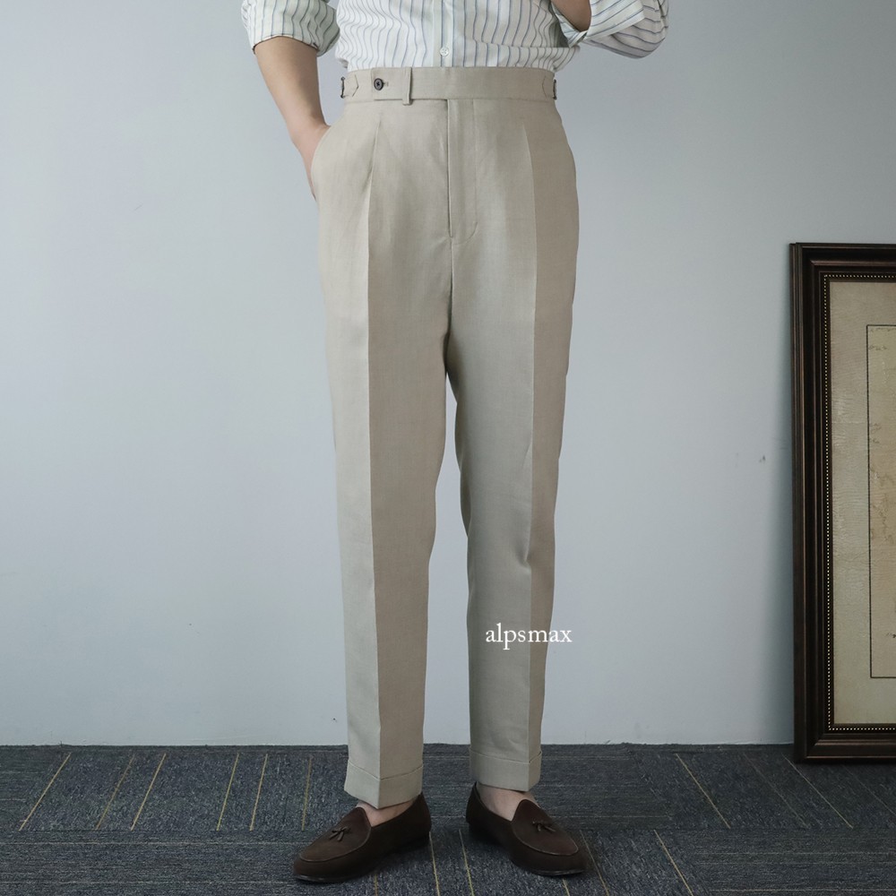 Men's Beige Linen Gurkha Pants with Adjustable Waist Straight Fit Trousers