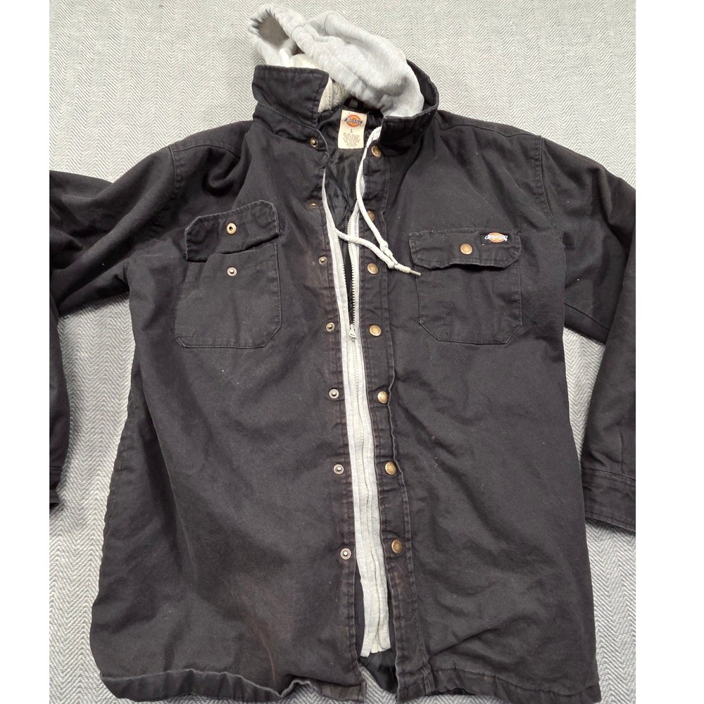 Dickies Mens Hooded Shirt Jacket Black Canvas Quilted Lined Work Coat Large