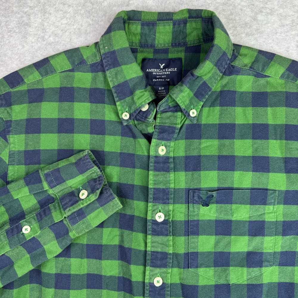 American Eagle Flannel Shirt Mens Small Green Blue Plaid Button Down