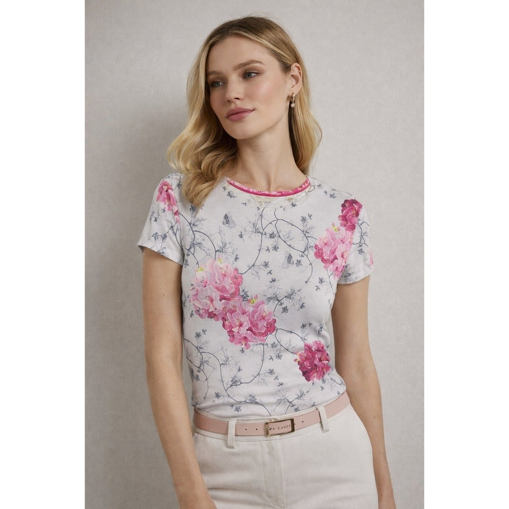 Ted Baker London Womens Floral Graphic T-Shirt Pink Grey Crew Neck Size Large