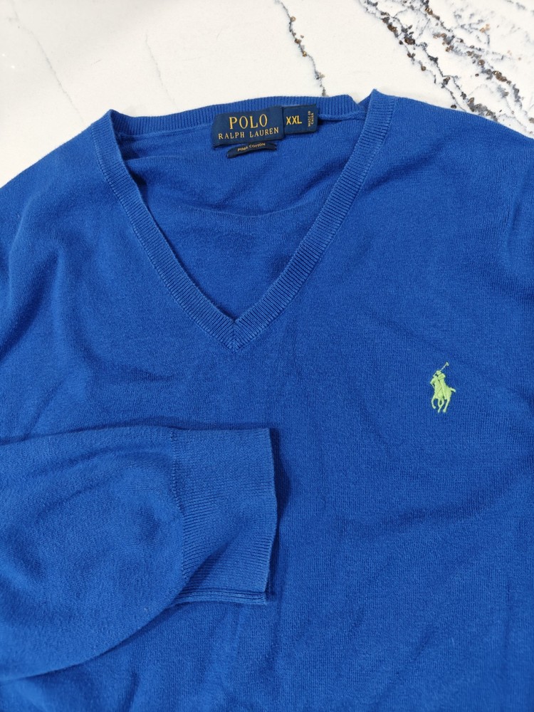 Polo Ralph Lauren Pima Cotton V Neck Sweater Blue Green Mens XXL Preppy Pony