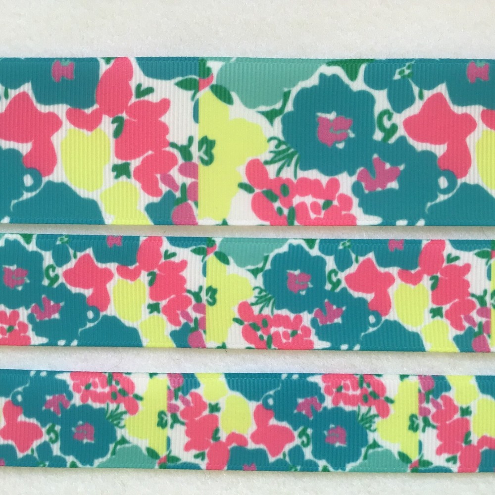 Aqua pink floral palm beach ribbon BTY in blue abstract 7/8