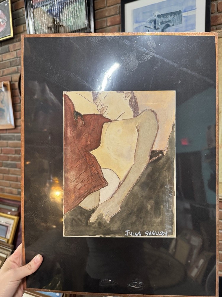 1990’s Jules Shellby Abstract Nude Woman In Bed Sleeping Mixed Media Painting