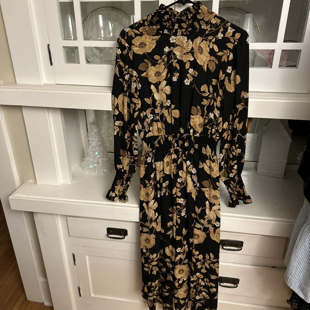 Nanette Lepore, Women’s Floral Mock Neck, Long Sleeve Midi Dress Black SizeM