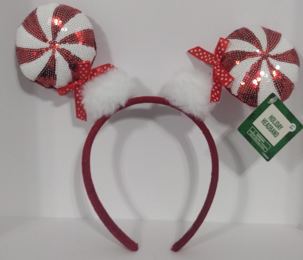 Festive Voice Mickey Mouse-Style Ear Peppermint Swirl Design Headband White/Red