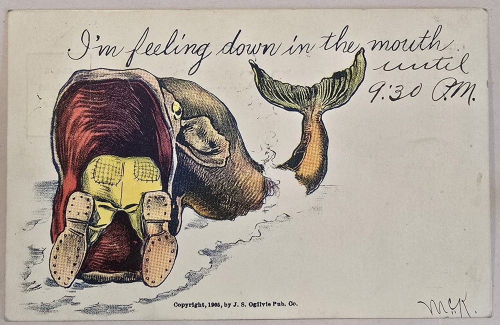Vintage Postcard 1906 Humor Postcard Man Climbing Down Huge Fish Mouth