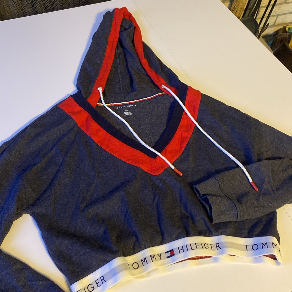 Tommy Hilfiger Hoodie Womens L Blue Crop Top Pullover Sweatshirt Banded Bottom