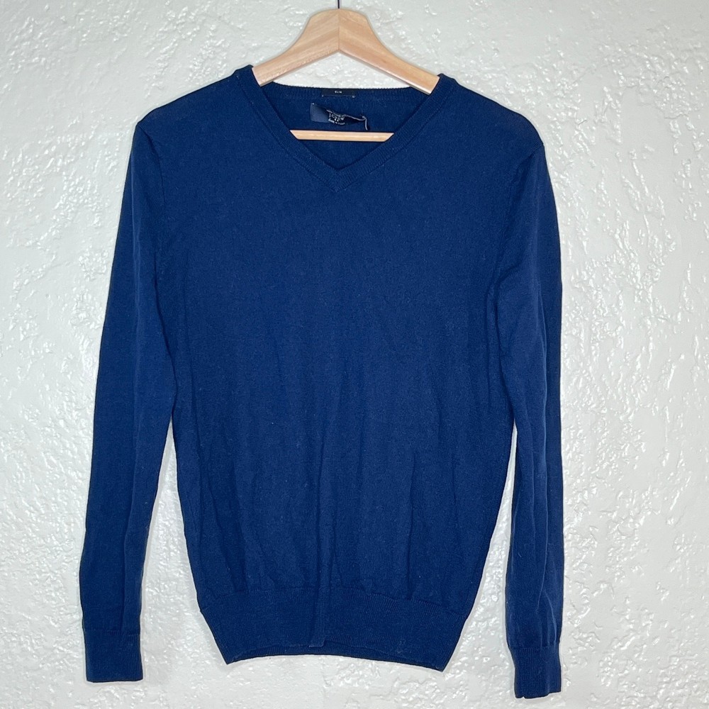 J.Crew Merino Wool V-Neck Sweater Classic Slim Fit Men Blue Long Sleeve Small